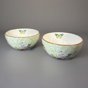 PAIR 2 Pier 1 Botanical Garden Earthenware 6” Bowl Floral Light Green Tan Trim